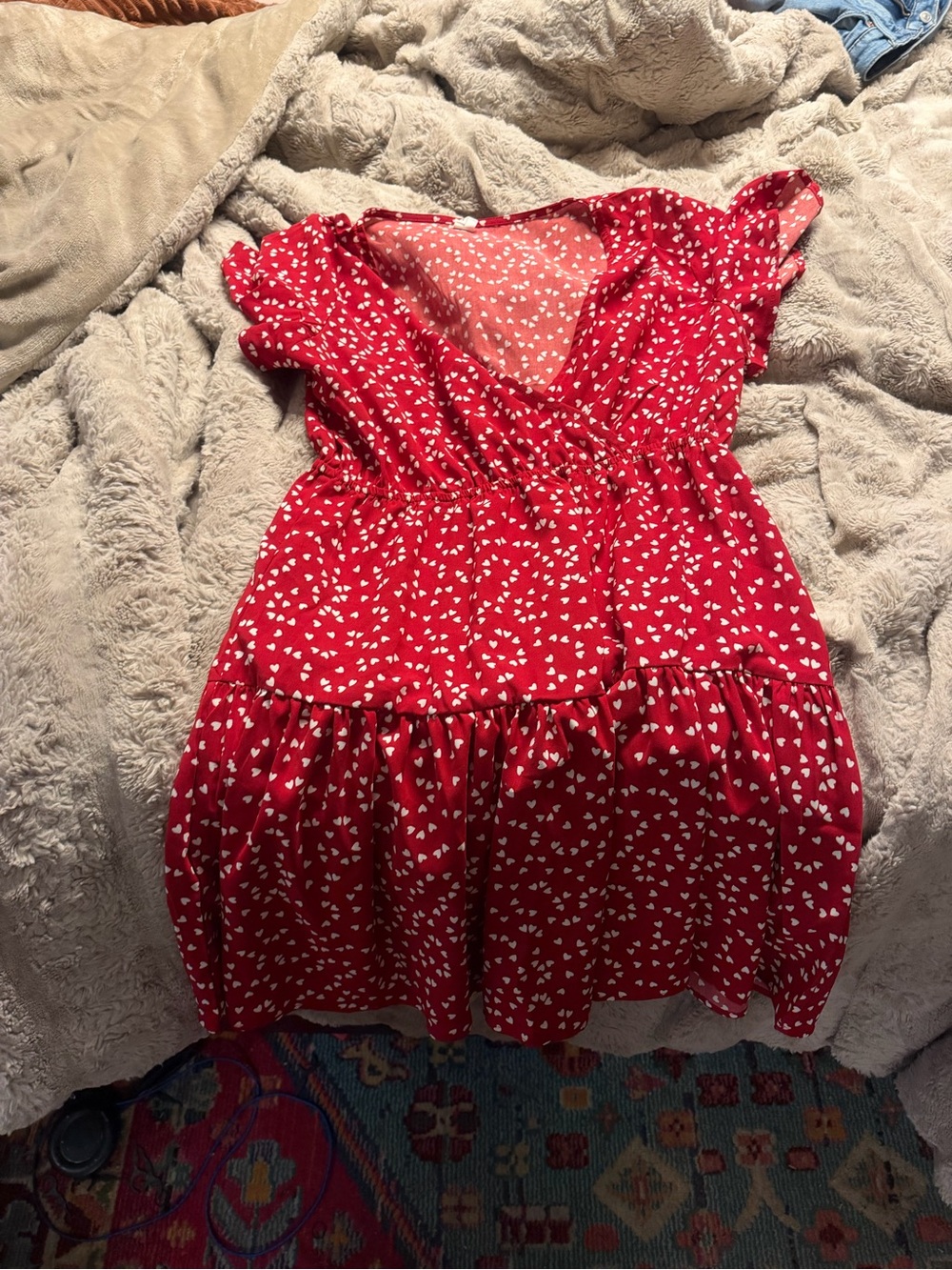 Red Heart Print Ruffled Mini Dress - Picture 2 of 2